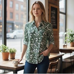 Tory Burch Issy Vine Leaf Print Button Down Shirt Utility Roll Tab 2 XS